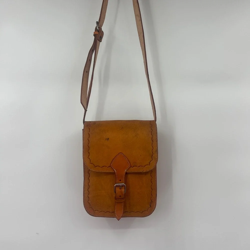 Hand Tooled‎ Leather Crossbody Messenger Bag Rustic Boho Vintage Style
